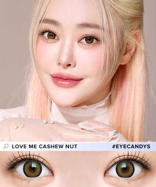 A model wearing Dekame Love Me Cashewnut contact lenses and peach lipstick, accompanied by minimal makeup. Below is a close up eye image of the model wearing the same lens.