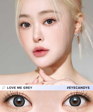 A model wearing Dekame Love Me Grey contact lenses and peach lipstick, accompanied by minimal makeup. Below is a close up eye image of the model wearing the same lens.
