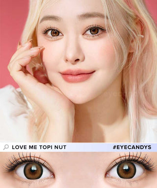 A model wearing Dekame Love Me Toffee Nut contact lenses and peach lipstick, accompanied by minimal makeup. Below is a close up eye image of the model wearing the same lens.
