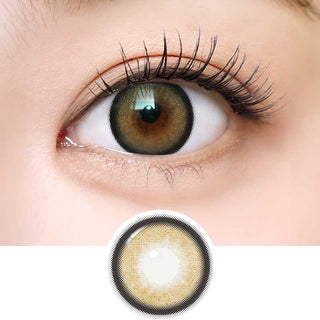 Detailed view of Dekame Love Me Cashewnut contact lens on a brown eye which also includes a close-up detail of the contact lens.