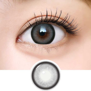 Detailed view of Dekame Love Me Grey contact lens on a brown eye which also includes a close-up detail of the contact lens.