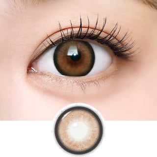 Detailed view of Dekame Love Me Toffee Nut contact lens on a brown eye which also includes a close-up detail of the contact lens.