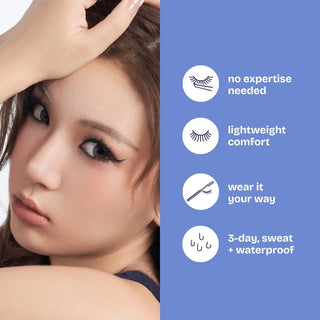 Close-up of a woman wearing EyeCandys Hasom Luxury 06 pre-glued cluster lashes, with a blue informational panel highlighting easy application, lightweight comfort, versatile styling, and up to 3-day sweatproof and waterproof wear.
