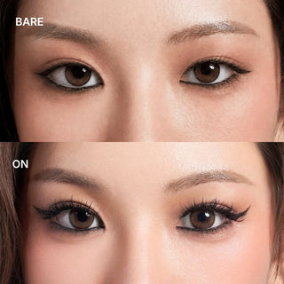 Before-and-after close-up of a woman's eyes wearing EyeCandys Hasom Luxury 06 pre-glued cluster lashes, comparing bare natural eyelashes with fuller, longer, more defined lashes and black winged eyeliner.