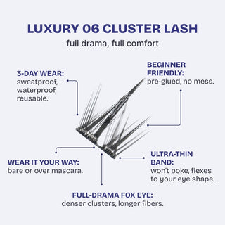 An informational graphic for 'LUXURY 06 CLUSTER LASH' showing a cluster of black eyelash extensions on a light gray background with descriptive text callouts about 3-day wear, beginner friendliness, ultra-thin band, and full drama fox eye.