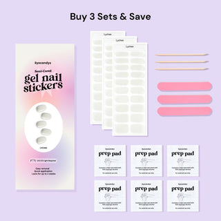 EyeCandys Lychee Gel Nail Sticker set includes alcohol prep pads, a wooden stick, and a nail file for easy application. This all-in-one kit ensures a smooth, long-lasting manicure with minimal effort. Perfect for at-home use, these gel nail stickers offer a chip-free finish and come with essential tools for flawless results.