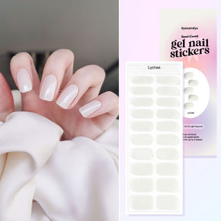 Collage of hand model showcasing the Gel Nail Sticker Lychee Design and a flatlay image of the same sticker strip together with the packaging on the side. 