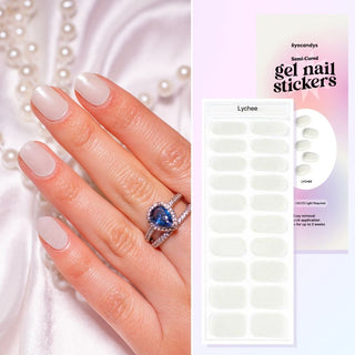 Hand with EyeCandys Lychee Gel nail stickers applied, showcasing a soft cream color. Ideal for elegant, neutral manicures, providing long-lasting wear, easy application, and a smooth, salon-quality gel finish for perfectly polished nails.