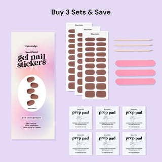 EyeCandys Macchiato Gel Nail Sticker set includes alcohol prep pads, a wooden stick, and a nail file for easy application. This all-in-one kit ensures a smooth, long-lasting manicure with minimal effort. Perfect for at-home use, these gel nail stickers offer a chip-free finish and come with essential tools for flawless results.