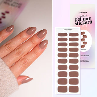 Collage featuring a hand model showcasing the EyeCandys Gel Nail Sticker Macchiato design, along with an overhead image of the same sticker strip and packaging. Perfect for effortless, glamorous nail art with long-lasting wear