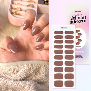 Hand with EyeCandys Macchiato Gel nail stickers applied, featuring a rich brown coffee color. Ideal for trendy, sophisticated manicures, offering long-lasting wear, easy application, and a smooth, salon-quality gel finish for beautifully polished nails