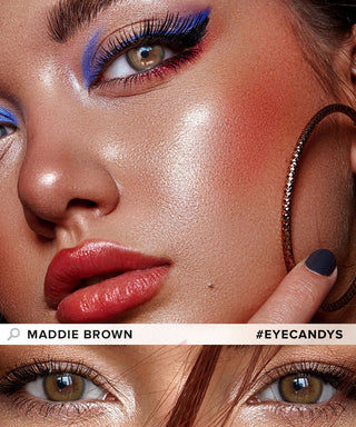 Model showcasing the natural look using Maddie Brown circle contact lenses, above a closeup of a pair of eyes transformed by the grey contacts