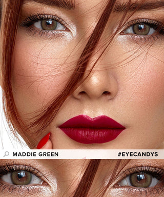 Model showcasing the natural look using Maddie green circle contact lenses, above a closeup of a pair of eyes transformed by the grey contacts