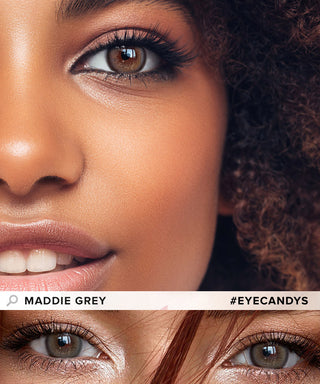 Model showcasing the natural look using Maddie Grey circle contact lenses, above a closeup of a pair of eyes transformed by the grey contacts