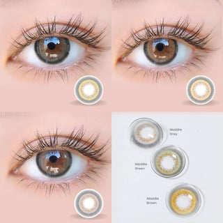 Comparing various colors of contact lenses (Maddie Series - grey, green and brown) on dark eyes from EyeCandys with minimal eye makeup, together with a macro shot of the color lenses