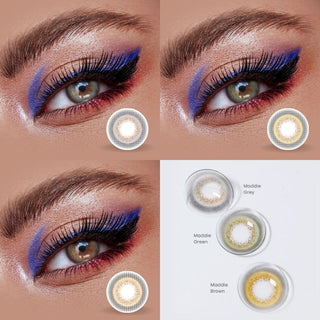 Comparing various colors of contact lenses (Maddie Series - grey, green and brown) on dark eyes from EyeCandys, together with a macro shot of the color lenses