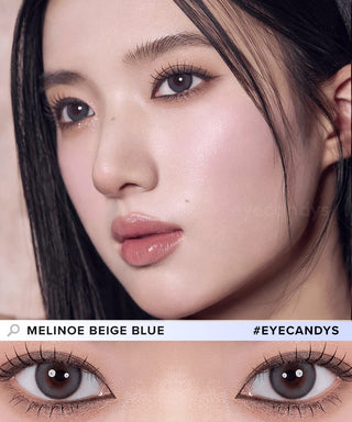 Young woman with long black hair, captivating eyes, and bright pink makeup for a more natural look. She is wearing Melinoe 1-Day Beige Blue colored prescription contact lenses. Stunning eye makeup and contact lenses are seen in the close-up of the woman's eyes in the photo below.