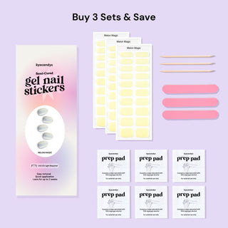 EyeCandys Melon Magic Gel Nail Sticker set includes alcohol prep pads, a wooden stick, and a nail file for easy application. This all-in-one kit ensures a smooth, long-lasting manicure with minimal effort. Perfect for at-home use, these gel nail stickers offer a chip-free finish and come with essential tools for flawless results.