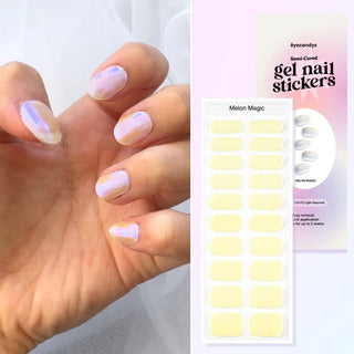 Collage of hand model showcasing the Gel Nail Sticker Melon Magic Design and a flatlay image of the same sticker strip together with the packaging on the side. 