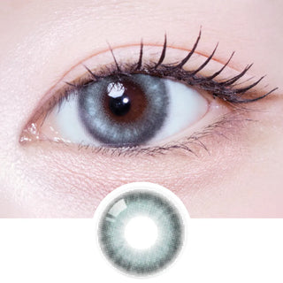 Close-up of eye with long lashes wearing EyeCandys Olola Meow Koshort Green prescription colored contact lens, with lens design shown below.
