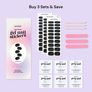 EyeCandys Meow Me Back Gel Nail Sticker set includes alcohol prep pads, a wooden stick, and a nail file for easy application. This all-in-one kit ensures a smooth, long-lasting manicure with minimal effort. Perfect for at-home use, these gel nail stickers offer a chip-free finish and come with essential tools for flawless results.