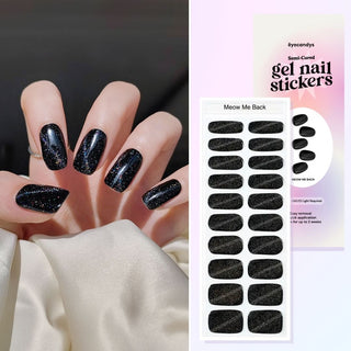 Collage of hand model showcasing the Gel Nail Sticker Meow Me Back Design and a flatlay image of the same sticker strip together with the packaging on the side. 