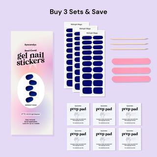 EyeCandys Midnight Magic Gel Nail Sticker set includes alcohol prep pads, a wooden stick, and a nail file for easy application. This all-in-one kit ensures a smooth, long-lasting manicure with minimal effort. Perfect for at-home use, these gel nail stickers offer a chip-free finish and come with essential tools for flawless results.