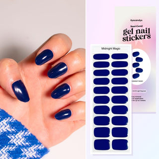 Collage featuring a hand model showcasing the EyeCandys Gel Nail Sticker Midnight Magic design, along with an overhead image of the same sticker strip and packaging. Perfect for effortless, glamorous nail art with long-lasting wear