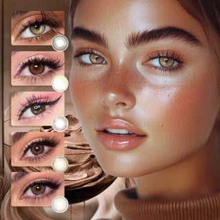 Promotional image showcasing the 'Color of 2025: Mocha Mousse Bundle,' featuring five pairs of colored contact lenses in shades like Sunlit Hazel, Biscuit Brown, Attitude Choco, Mirage Grey, and Sugarlook Brown, with a sleek and glamorous aesthetic