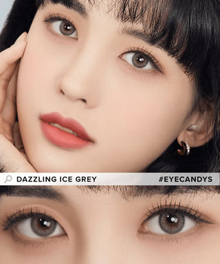 Model showcasing the natural look using Olola Dazzling 1-Day Ice Grey (10pk) (KR) prescription color contacts, above a closeup of a pair of eyes transformed by the color contact lenses