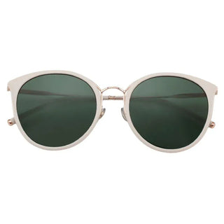 side view of Monaco Round Sunglasses in White Rose Gold. cat-eye vintage eyeglass frame, available in blue light blocking lenses and readers, photographed on a white background, from EyeCandys