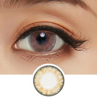 Close-up of an eye wearing NEO Vision Cosmo Brown lenses by NEO Vision, which look light purple with a darker rim. Below the eye, there's a detailed view showing the lens's golden and brown pattern.