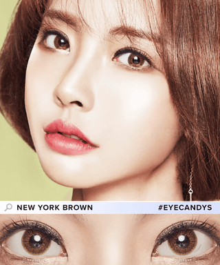 Asian model with brown hair wearing New York brown contact lenses with peach eyeshadow on her naturally dark eyes, above a close-up of her eyes wearing the same lenses.