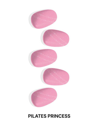  EyeCandys Pilates Princess Gel Nail Stickers in pink with glitter accents. Achieve effortless, trendy spring nails that last 2-3 weeks with a 7-free, allergy-friendly formula. Cures in sunlight, no UV lamp needed for a chic, long-lasting manicure.