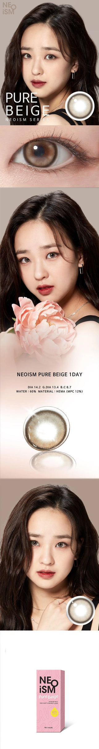 Close-up of eyes wearing EyeCandys Neoism Pure Beige prescription colored contact lenses. Showcasing the lens design and natural enhancement for stylish, comfortable, and high-quality colored contacts