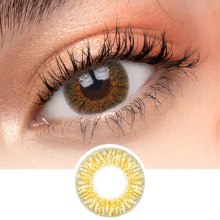Close-up view of Pink Label New York Brown contact lens on a dark brown eye, paired with natural eye makeup, next to a cutout of the contact lens