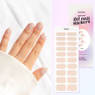 Collage of hand model showcasing the Gel Nail Sticker Nudist Design and a flatlay image of the same sticker strip together with the packaging on the side. 