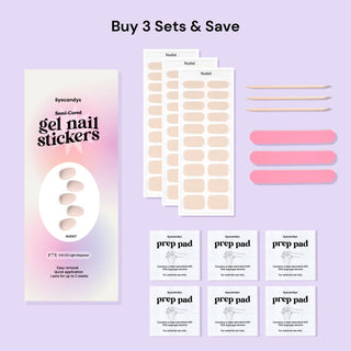 EyeCandys Nudist Gel Nail Sticker set includes alcohol prep pads, a wooden stick, and a nail file for easy application. This all-in-one kit ensures a smooth, long-lasting manicure with minimal effort. Perfect for at-home use, these gel nail stickers offer a chip-free finish and come with essential tools for flawless results.