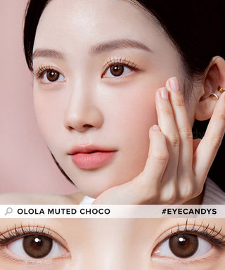 Model showcasing the natural look using Olola Muted Choco prescription color contacts, above a closeup of a pair of eyes transformed by the color contact lenses