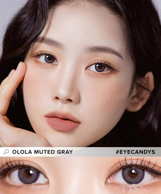 Model showcasing the natural look using Olola Muted Grey prescription color contacts, above a closeup of a pair of eyes transformed by the color contact lenses