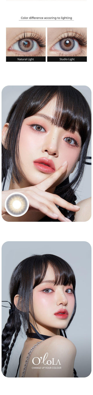 Model showcasing the natural look using Olola Torrid Love Beige (KR) prescription color contacts, above a closeup of a pair of eyes transformed by the color contact lenses