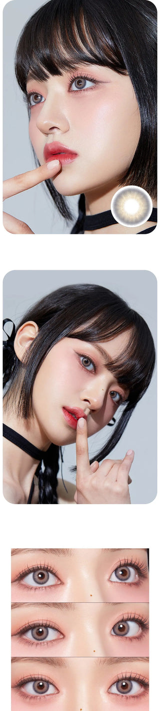 Model showcasing the natural look using Olola Torrid Love Beige (KR) prescription color contacts, above a closeup of a pair of eyes transformed by the color contact lenses