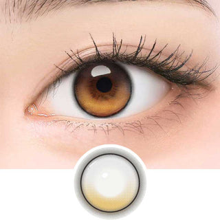 Close-up of model's eye wearing EyeCandys ONE PICK Balance Golden Hour prescription contact lens, showcasing the lens design with a warm golden tone that enhances eye color for natural vibrancy, clear vision, and comfort