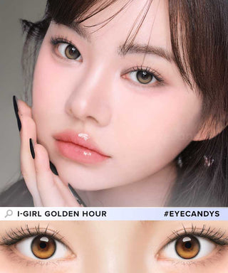 Close-up of model's eye wearing EyeCandys ONE PICK Balance Golden Hour prescription contact lens, featuring a vibrant golden design that enhances eye color with natural warmth, offering clear vision and comfort