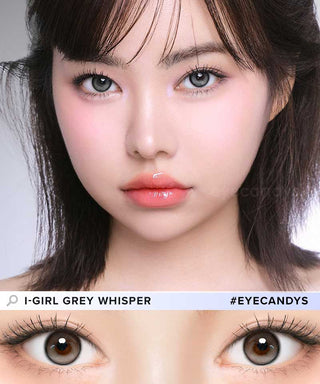 Close-up of model's eye wearing EyeCandys ONE PICK Balance Grey Whisper prescription contact lens, featuring a soft grey design that enhances eye color with a natural, vibrant look, offering clear vision and all-day comfort.