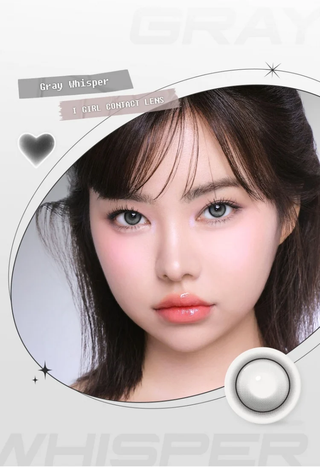 Close-up of model's eye wearing EyeCandys ONE PICK Balance Grey Whisper prescription contact lens, featuring a soft grey hue that enhances eye color with a natural look, offering clear vision and lasting comfort