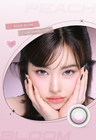 Close-up of model's eye wearing EyeCandys ONE PICK Balance Peach Bloom prescription contact lens, featuring a soft peach tint that enhances eye color with a natural, radiant look, providing clear vision and all-day comfort