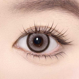 Olala Meow Aby Brown color contact lens on top of a dark eye paired with subtle eye makeup and curled wispy eyelashes