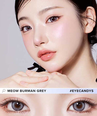 A female model with natural dark eyes wearing Olala Meow Burman Grey contact lenses, complemented by subtle eyeshadow and peach lip gloss and Close-up image showcases the model's eyes adorned with the same Grey contact lenses
