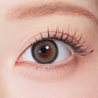 Olala Glee Grey color contact lens on top of a dark eye paired with subtle peach eyeshadow and curled wispy eyelashes